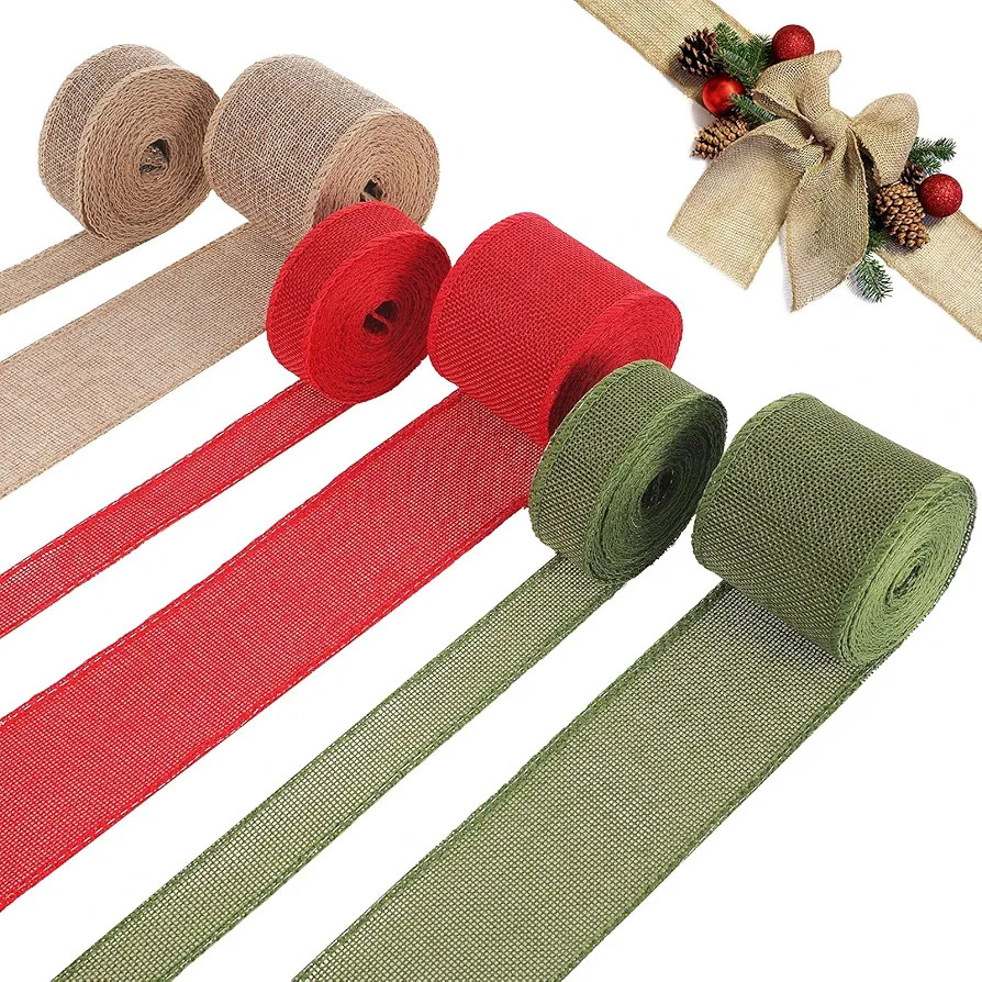 Amazon.com: 6 Rolls 33 Yards Christmas Burlap Ribbon Fabric Wired Edge Ribbon Green Red Natural W... | Amazon (US)