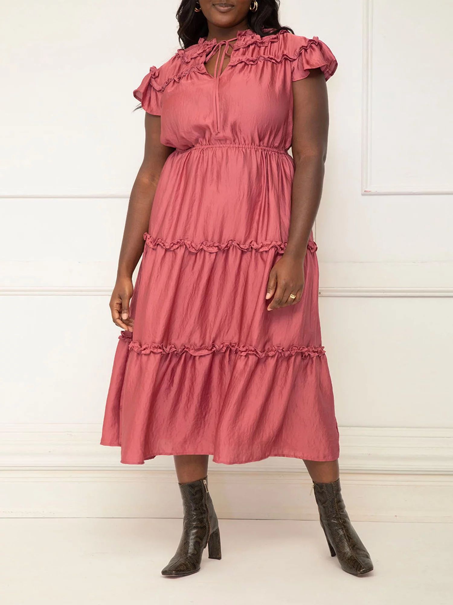 ELOQUII Elements Women's Plus Size Ruffle-Sleeve Yoke Tiered Midi Dress | Walmart (US)