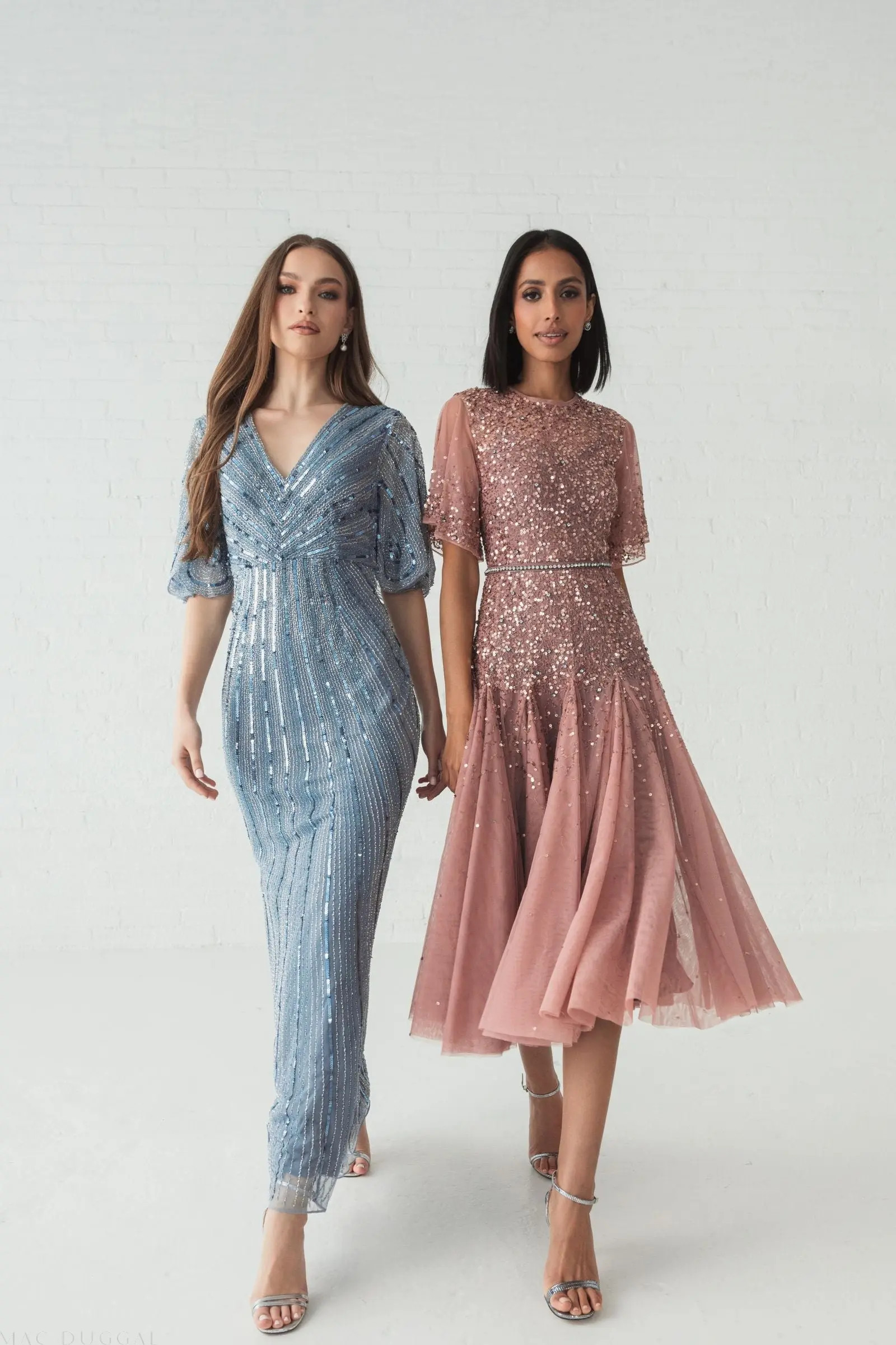 Blue Sequined V Neck Cape Sleeve Gown | Mac Duggal | Mac Duggal