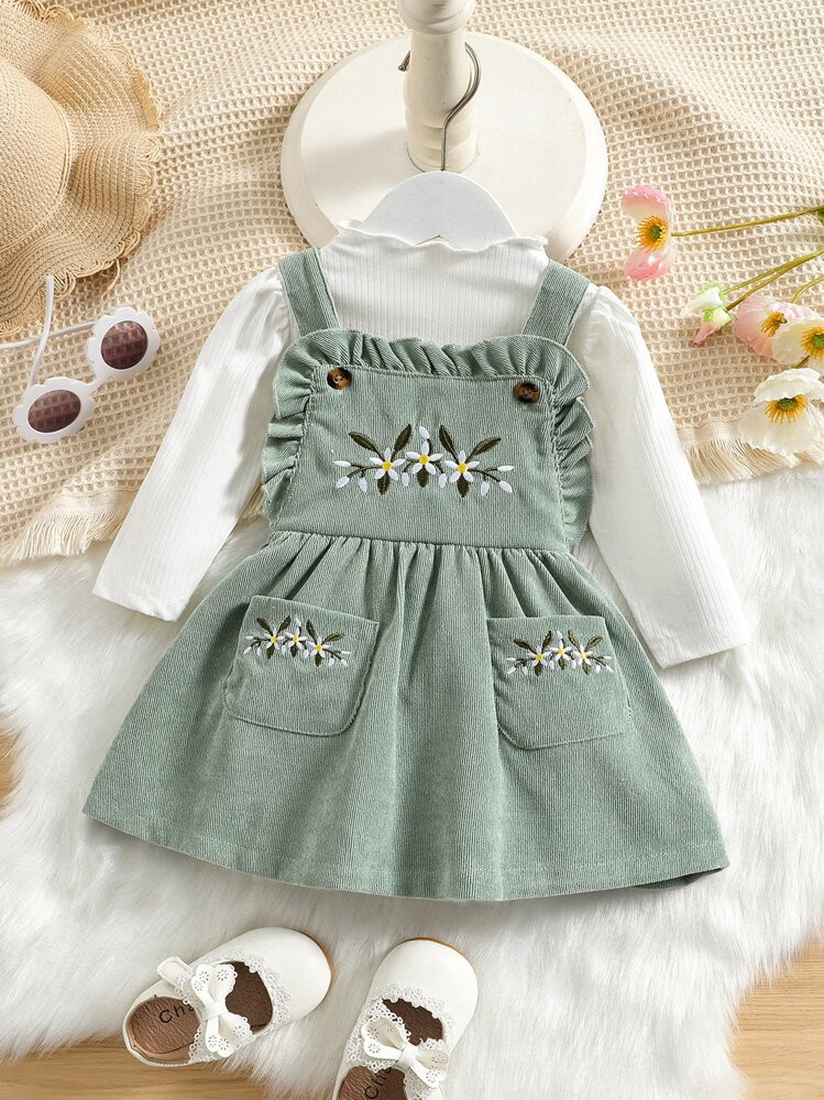 TrendsBaby Girl Lettuce Trim Tee & Floral Embroidery Overall Dress | SHEIN