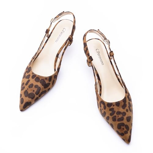 C.Paravano Slingback Heels for Women Pointed Toe Heels Sandals Slingback Pumps Low Heel Pointed Slingback Kitten Heels Slip On Work Pumps Dress Shoes(Size10.5,Leopard Heel) | Amazon (US)