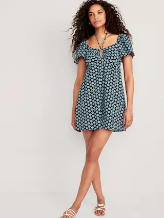Flutter-Sleeve Linen-Blend Halter Keyhole Mini Swing Dress for Women | Old Navy (US)