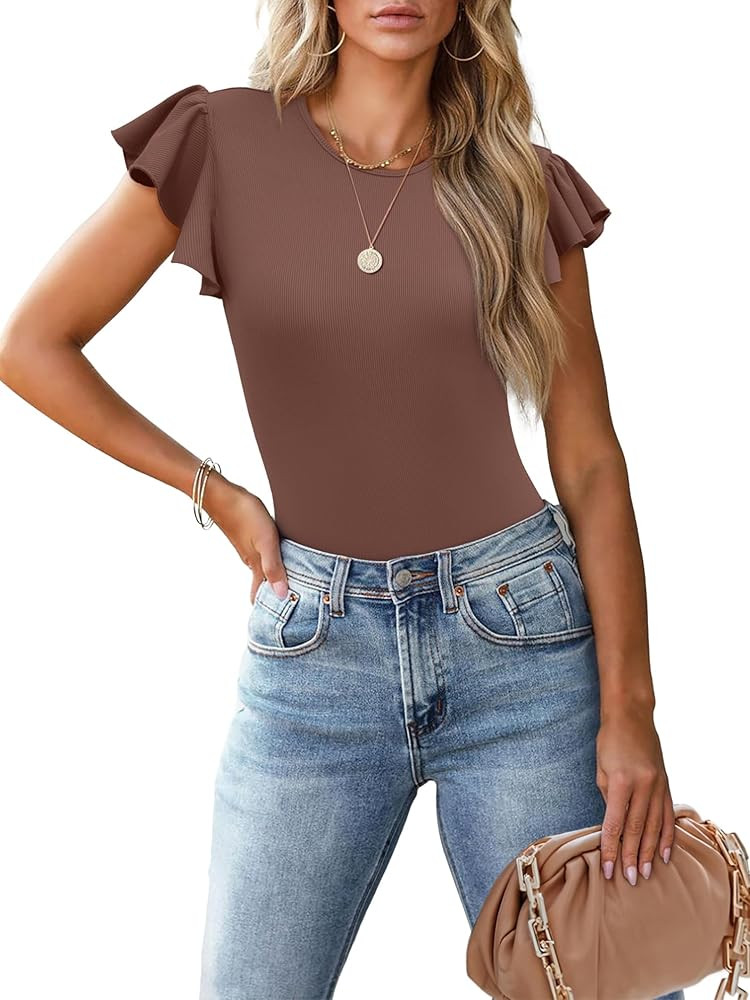 Women's Ruffle Short Sleeve Summer Tops Casual Slim Fit Ribbed Knit Tank Blouses 2025 Trendy Goin... | Amazon (US)