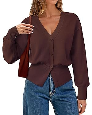 Gaharu Womens Open Front Cardigan Sweaters Long Sleeve Knitted Button Tops Casual V-Neck Peplum O... | Amazon (US)
