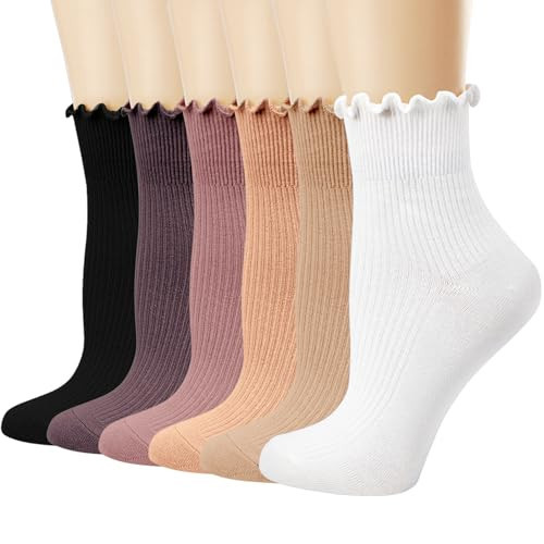 Mcool Mary Women's Ruffle Socks - Turn-Cuff Casual Cute Ankle Warm Cotton Knit Lettuce Low Cut Frilly White Socks for Women 6 Pack | Amazon (US)
