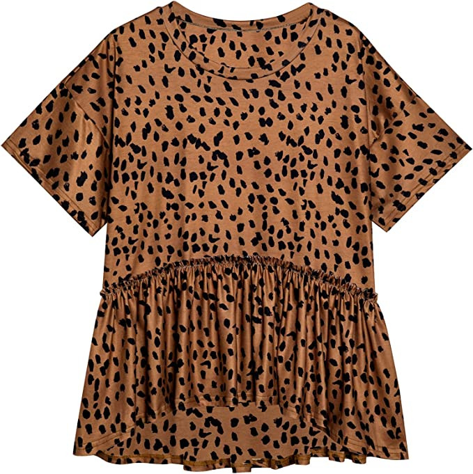 Remidoo Women's Leopard Printed Ruffle High Low Hem Short Sleeve Babydoll Blouse Peplum Top | Amazon (US)