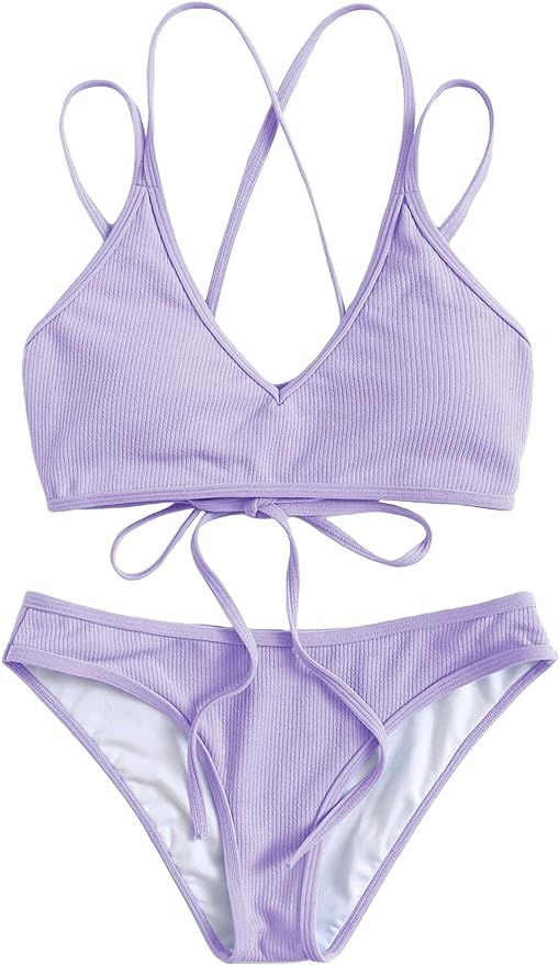 SweatyRocks Women's Bathing Suits Spaghetti Strap Criss Cross Back Bikini Ribbed Swimsuit | Amazon (US)