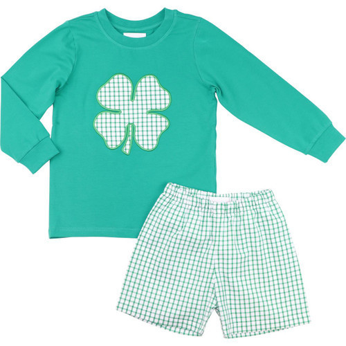 Green Windowpane Applique Shamrock Short Set | Cecil and Lou