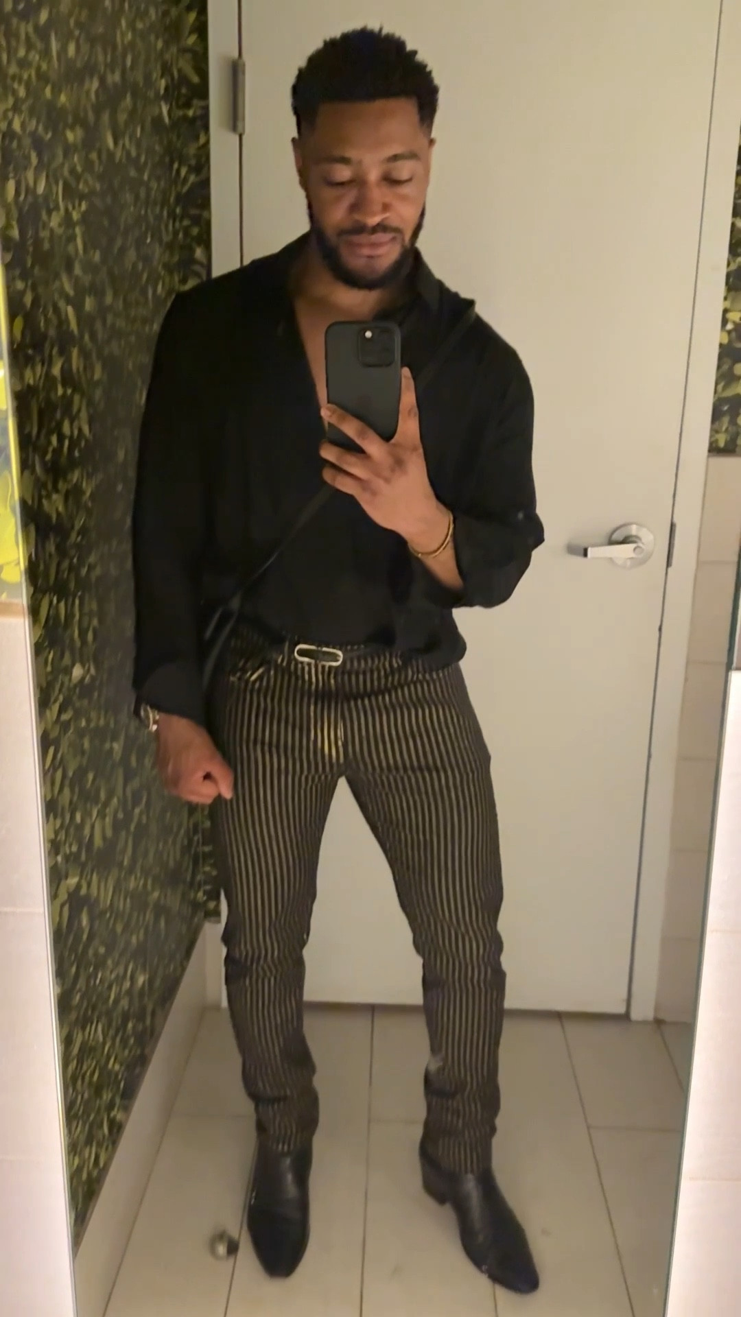 Saint Laurent Look! Silk shirt, Viper belt, black and gold metallic jeans, and boots!

#LTKMens #LTKSeasonal #LTKStyleTip