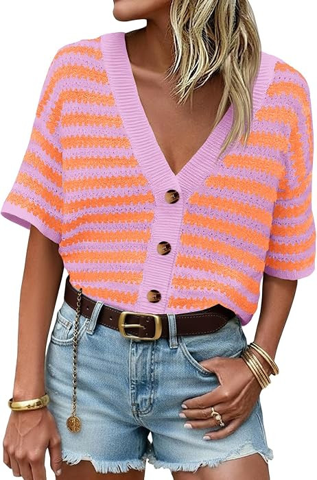 Saodimallsu Womens Striped Short Sleeve Cardigan Button Up Crochet Sweater | Amazon (US)