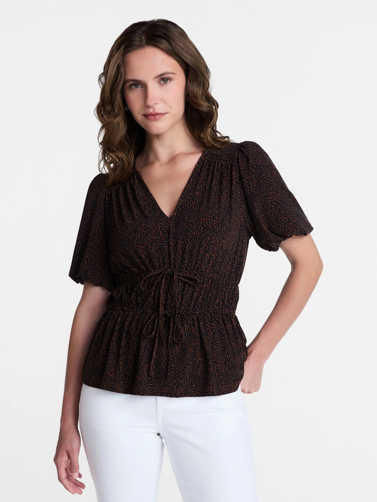 Time and Tru Women's and Women's Plus V Neck Shirred Peplum Top, Sizes XS-XXXL | Walmart (US)