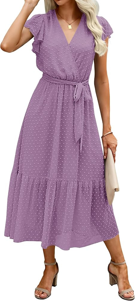 BTFBM Women Summer Bohemian Floral Casual Wrap V Neck Ruffle Cap Sleeveless Belt A-Line Pleated H... | Amazon (US)