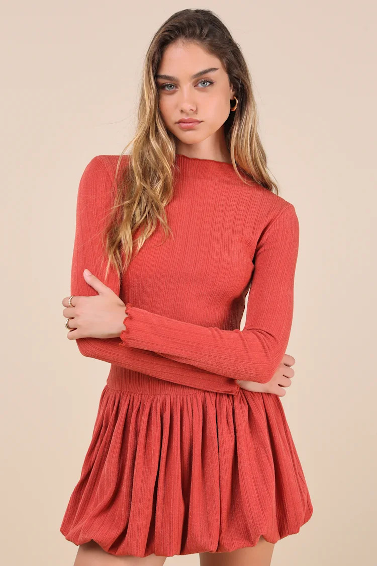 Approachably Adorable Rust Red Ribbed Bubble-Hem Mini Dress | Lulus