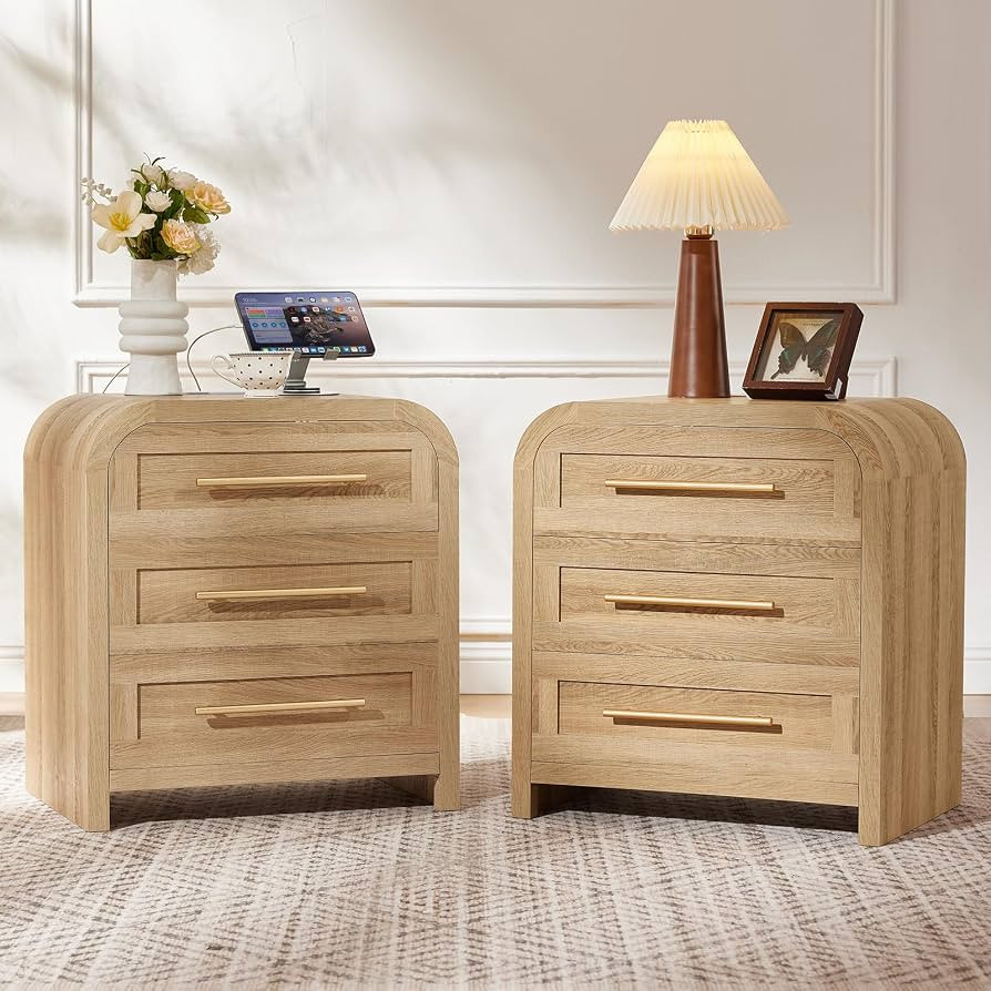 Oak Night Stand Set 2 with Charger, Curved 3 Drawers Nightstand | Amazon (US)