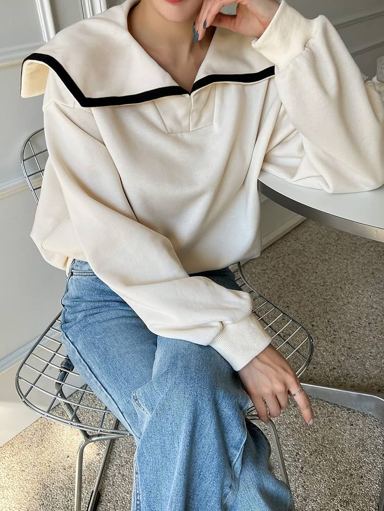 KUQIKITOKO Sweatshirt for Women- Contrast Trim Sailor Collar Drop Shoulder Pullover (Color : Beig... | Amazon (US)