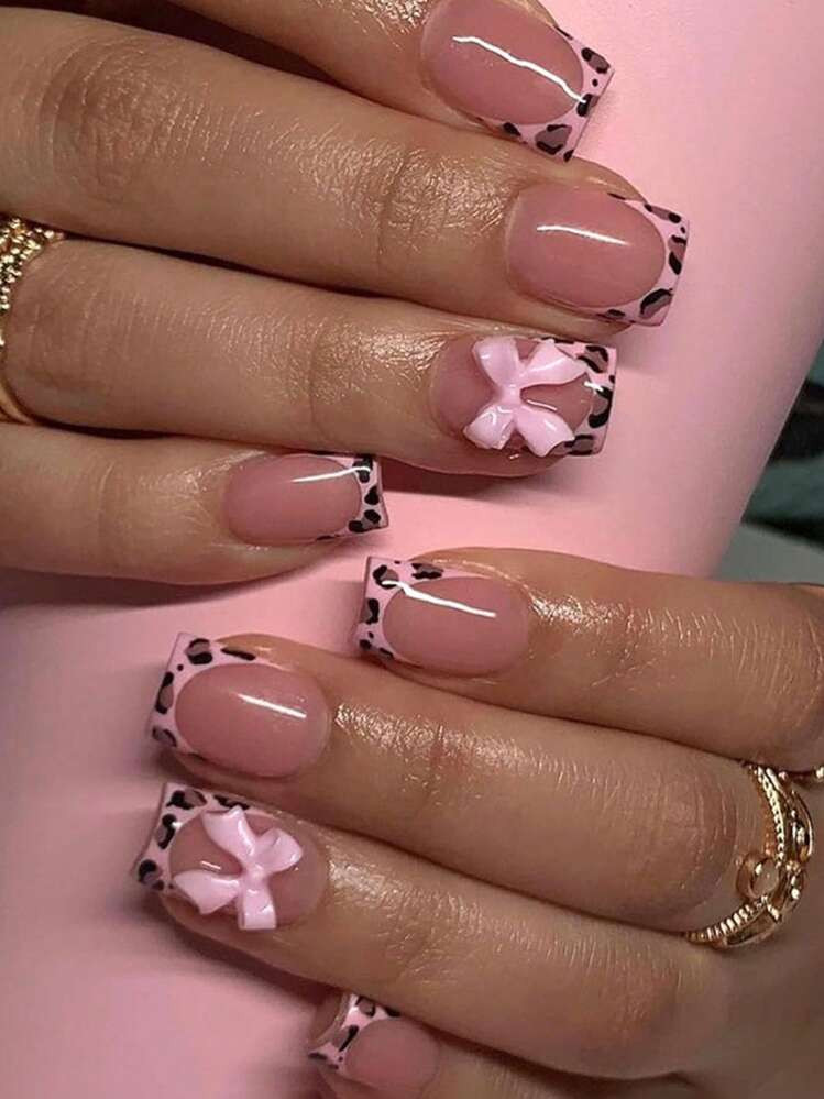 10 Pcs S/M/L Size French Tip Press On Nails Short Square Fake Nails With Leopard Print French Pink Bow Designs Nude Glue On Nails Press On Glossy False Nails Reusable Cute Stick On Nails For Women Nail Supplies Nails | SHEIN