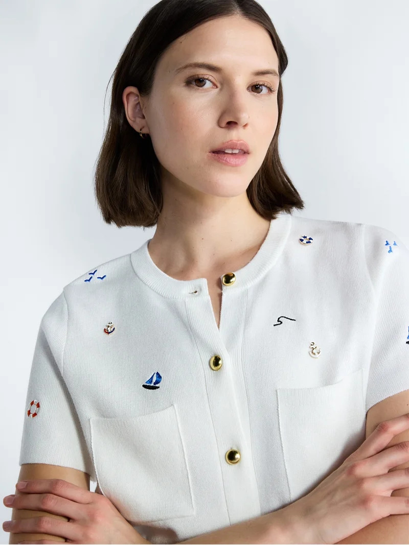 Free Assembly Women's and Women's Plus Embroidered Cardigan Sweater with Short Sleeves, Sizes XS-... | Walmart (US)