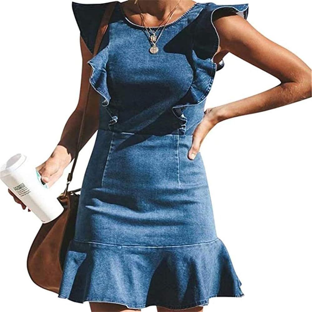 MYHALF Women's Casual Round Neck Ruffle Trim Sleeveless Denim A Line Mini Dress | Amazon (US)