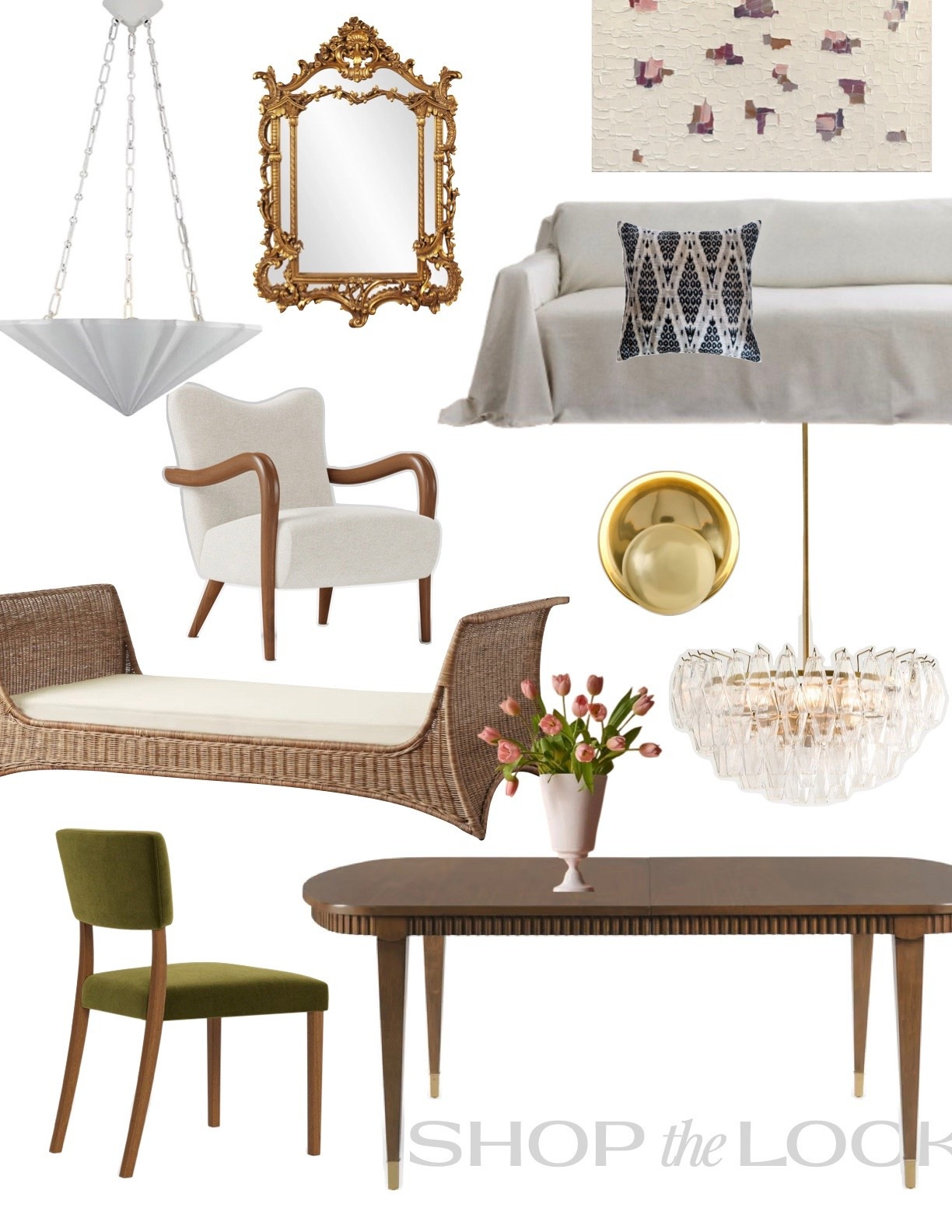 A chic mood board for living and dining room furniture inspired by a Greek Revival style Hudson Valley home with a French Art Deco influence, including a linen slipcover sofa, racetrack dining table, green velvet dining chairs, ornate gold mirror, and wicker daybed 

#LTKHome