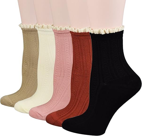 FITU Women's Vintage Dress Socks Ruffle Frilly Cute Rayon Lace Trim Socks 5-6 Pairs Pack in Gift Box | Amazon (US)