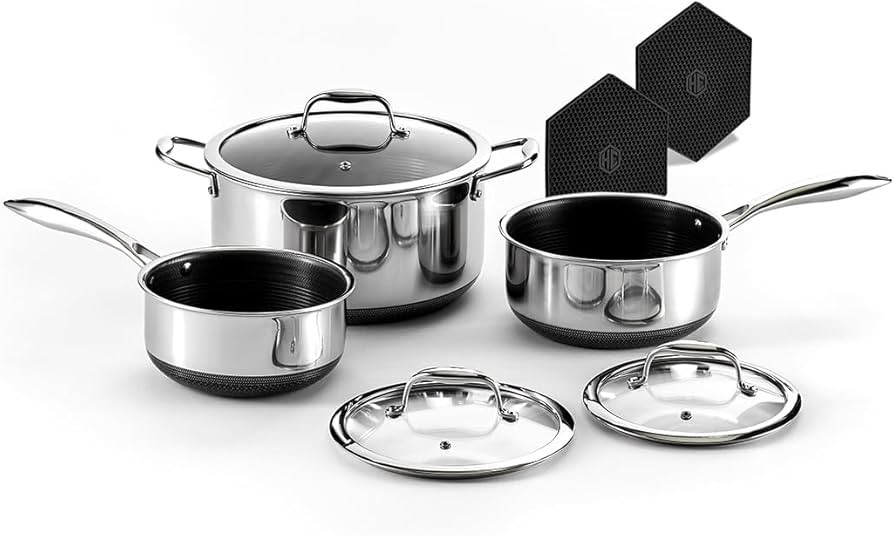 HexClad Hybrid Nonstick 6-Piece Pot Set with Trivets, 2, 3, and 8-Quart Pots with Tempered Glass ... | Amazon (US)