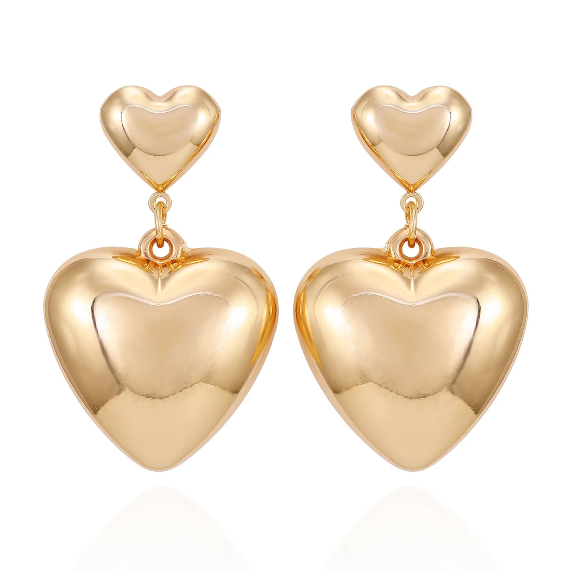 No Boundaries Gold Tone Trendy Puffed Heart Drop Post Earrings, Women's | Walmart (US)