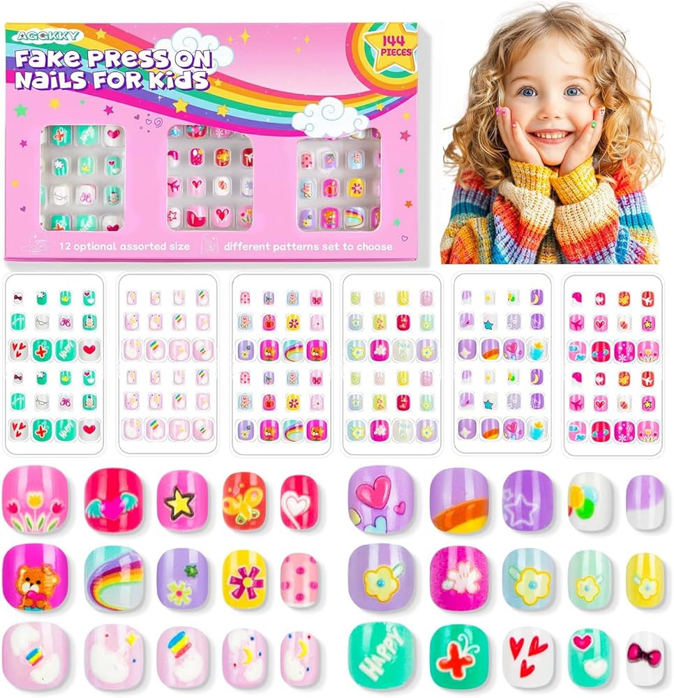 144 Pieces 6 Pack Kids Press on Nails Artificial Fake Nails for Kids Girls Pre Glue Full Cover Sh... | Amazon (US)
