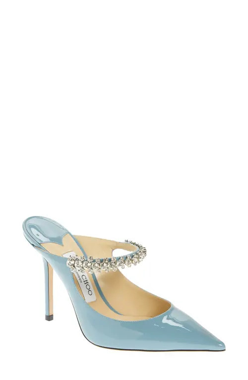 Jimmy Choo Bing Crystal Embellished Pointed Toe Patent Mule in Smoky Blue at Nordstrom, Size 8.5Us | Nordstrom
