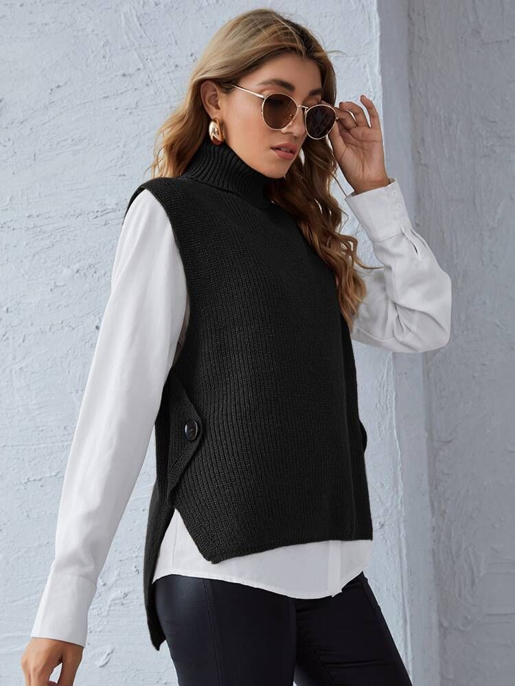 Button Side Sweater Vest Without Blouse | SHEIN