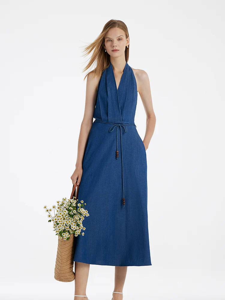 Denim Halter Women Midi Dress With Rope Belt - Mid Denim / M | GOELIA