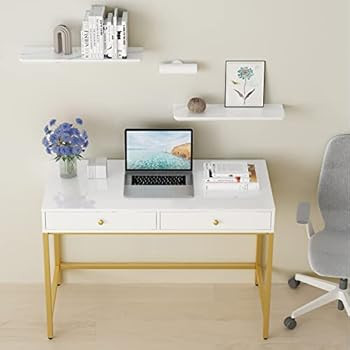 White-Vanity-Desk with 2 Drawers, White/Gold Home-Office-Desks Glossy Desktop Makeup-Vanity-Table... | Amazon (US)