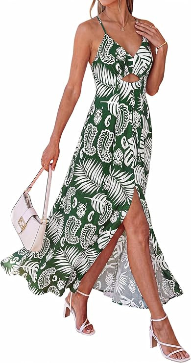 BTFBM Summer Dresses for Women 2026 Spring Floral Spaghetti Strap Smocked Cutout Maxi Dress Resor... | Amazon (US)