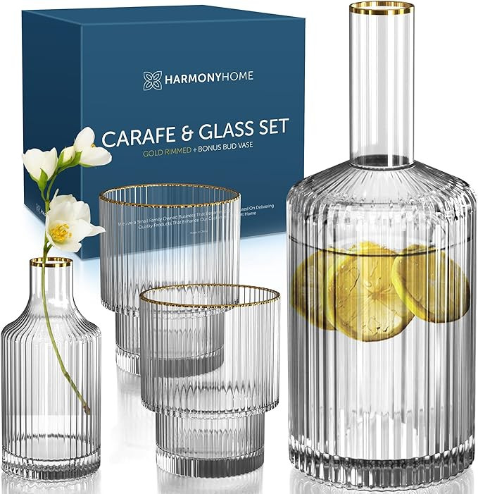 Harmony Home Bedside Water Carafe And Glass Set - 4 Piece Hand Crafted Fluted Borosilicate Glass ... | Amazon (US)
