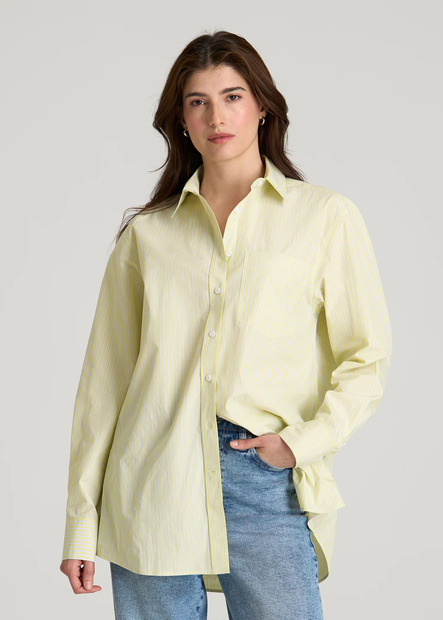 Oversized Poplin Button Shirt for Tall Women in Lemon Drop Stripe | American Tall