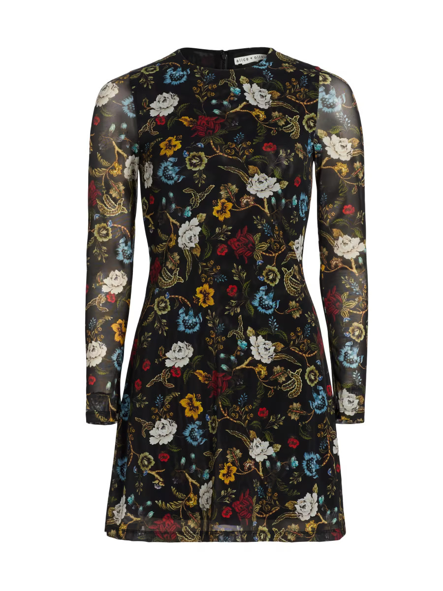 Alice + Olivia Delora Floral Mesh Crewneck Minidress | Saks Fifth Avenue | Saks Fifth Avenue