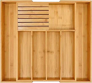 VaeFae Bamboo Silverware Drawer Organizer Kitchen, Expandable Utensil Organizer with Knife Block,... | Amazon (US)