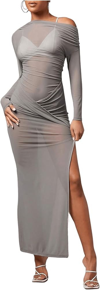 Floerns Women's Asymmetrical Neck Sheer Mesh Long Sleeve Evening Bodycon Maxi Dress | Amazon (US)