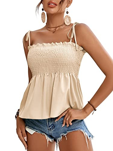 LYANER Women's Cute Summer Tops Tie Shoulder Shirred Ruffle Hem Sleeveless Sexy Cami Blouse Peplum Top Beige Large | Amazon (US)