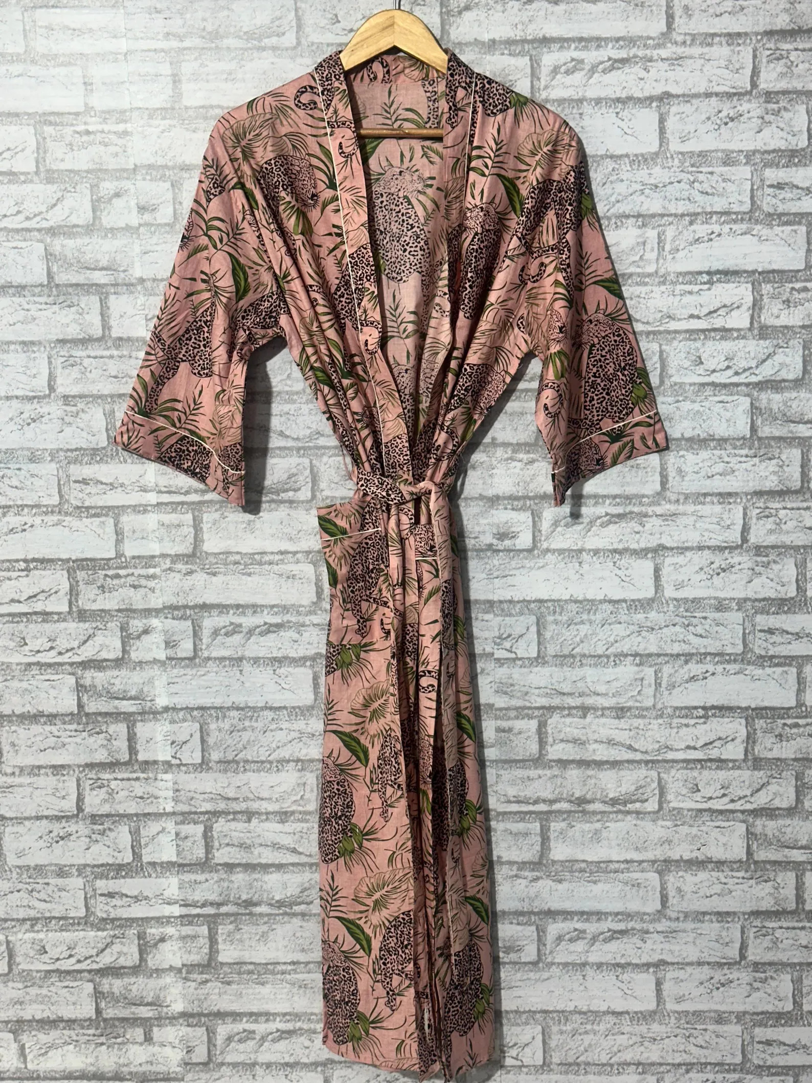Hand Block Print Cotton Kimono Robe, Pink Leopard Jungle Loungewear | Etsy (Global)