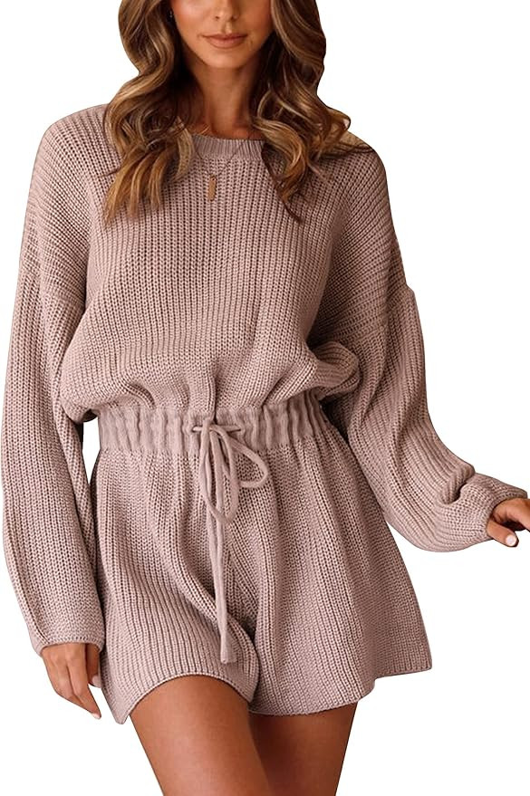 Quenteen Women's Loose Fit Knit Playsuit Sweater Elastic Waist Long Lantern Sleeve Sweater Jumpsu... | Amazon (US)