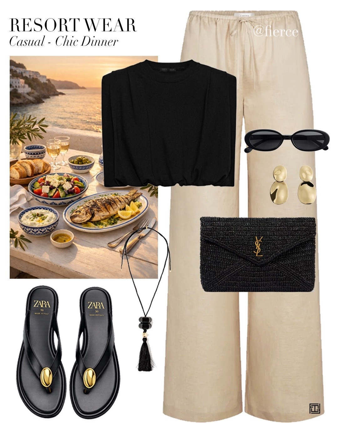 Black shoulder pad cropped top beige linen trousers gold detail thong sandals resort wear  beach holiday dinner evening outfit idea

#LTKuk #LTKsummer #LTKtravel