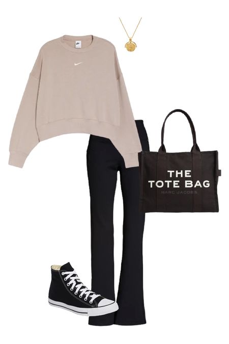 Casual outfit, travel outfit, Nike Sweatshirt, high top Converse, Tote Bag

#LTKstyletip #LTKunder100 #LTKtravel