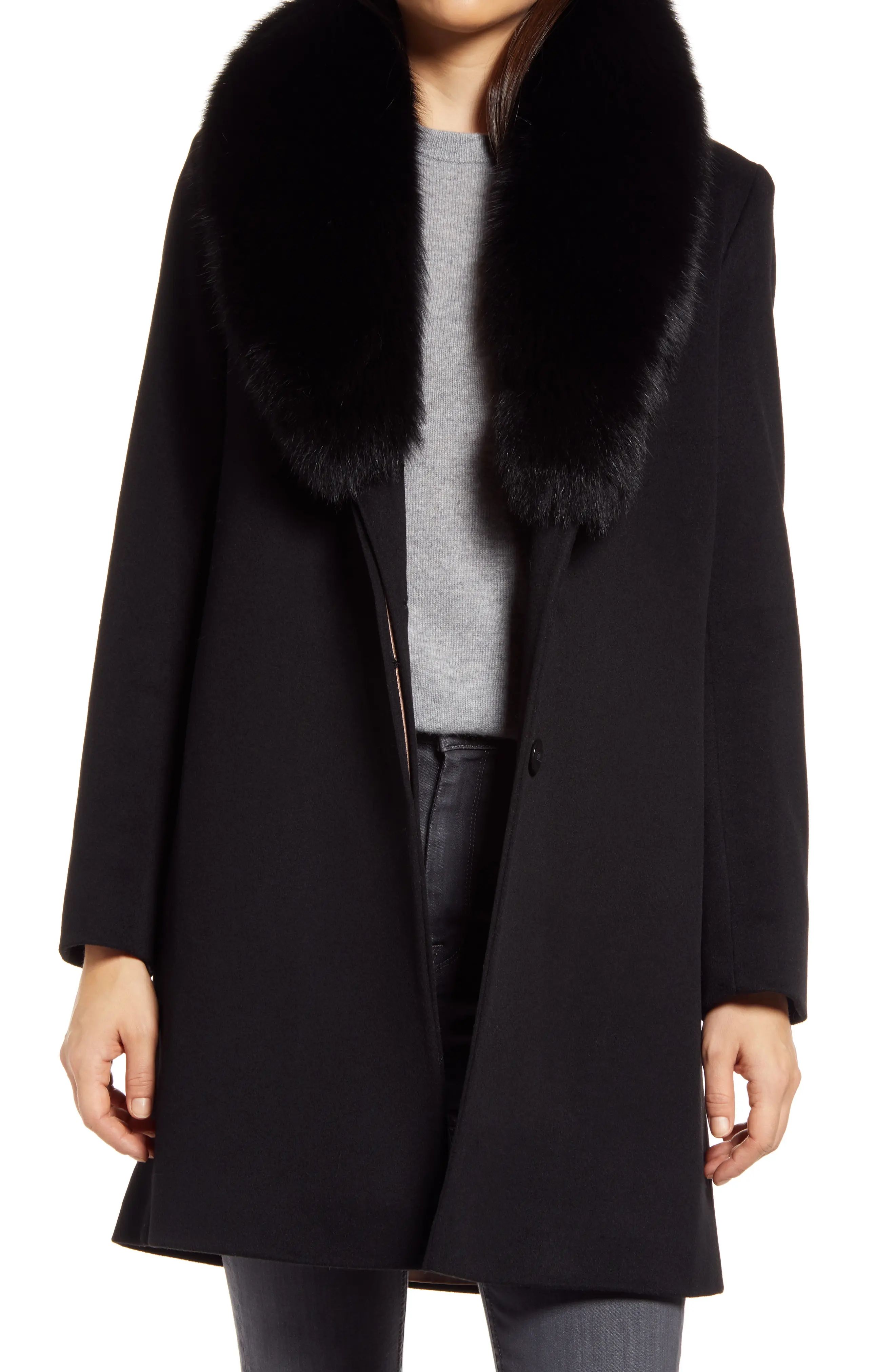 Women's Fleurette Wool Coat With Genuine Fox Fur Collar, Size 8 - Black | Nordstrom