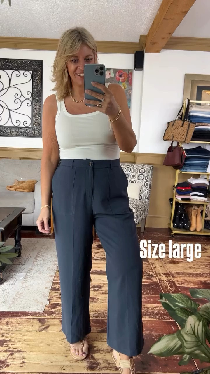 Size large in th comfy tank and linen blend pants 

#LTKOver40 #LTKWorkwear #LTKMidsize