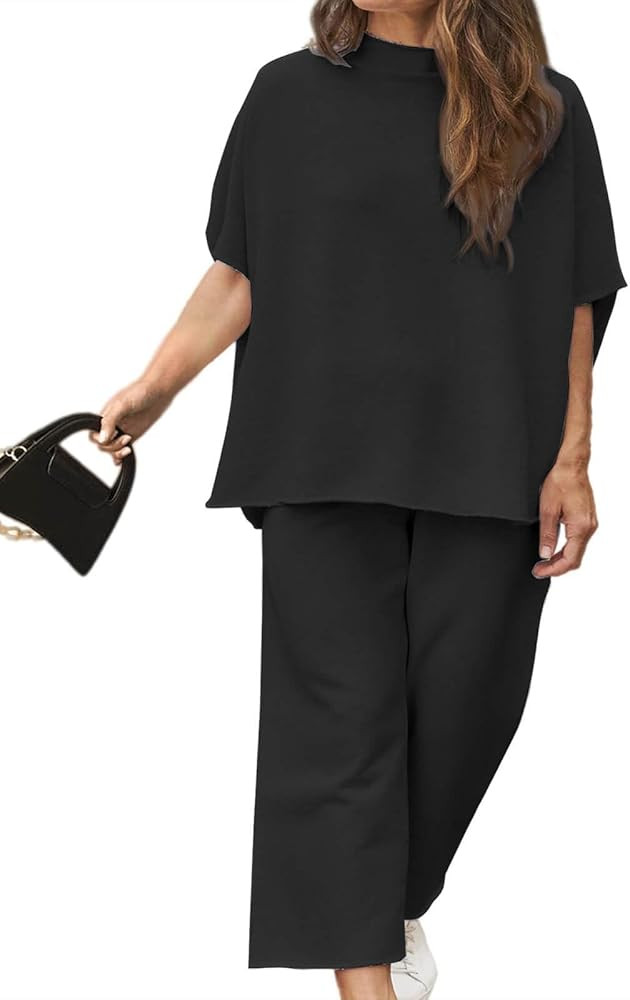 Beautife Women's Plus Size 2 Piece Outfits 3/4 Batwing Sleeve Capelet Crew Neck Pullover Top Wide... | Amazon (US)