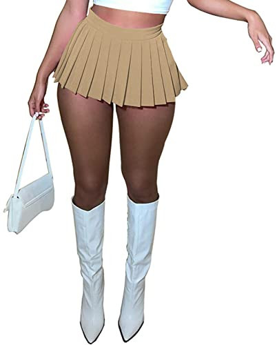 ruizedidi Women's Khaki Mini Pleated Skirt, A-line Skater Skirt with Slit (M) | Amazon (US)