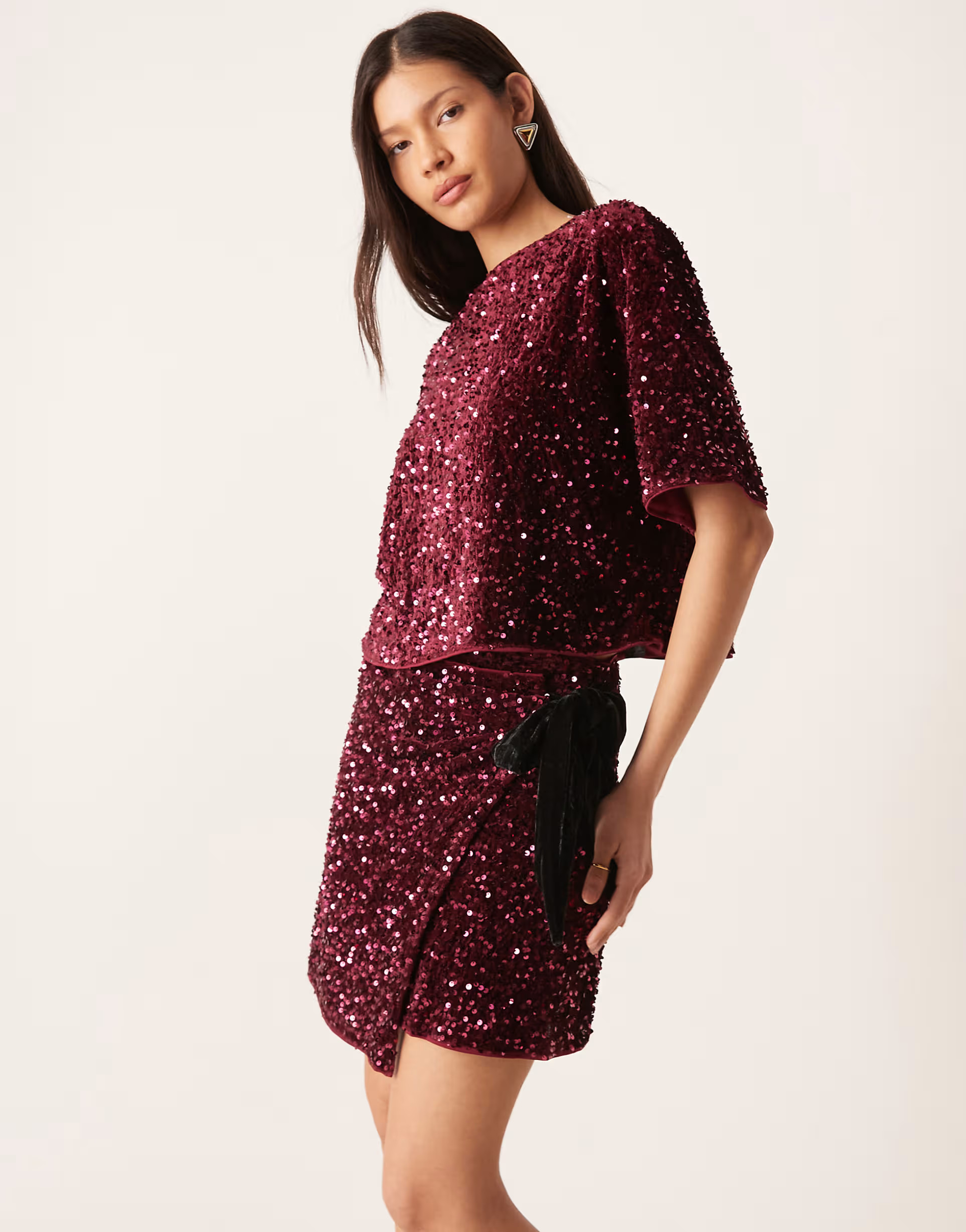 ASOS DESIGN velvet sequin co-ord wrap mini skirt in burgundy | ASOS (Global)
