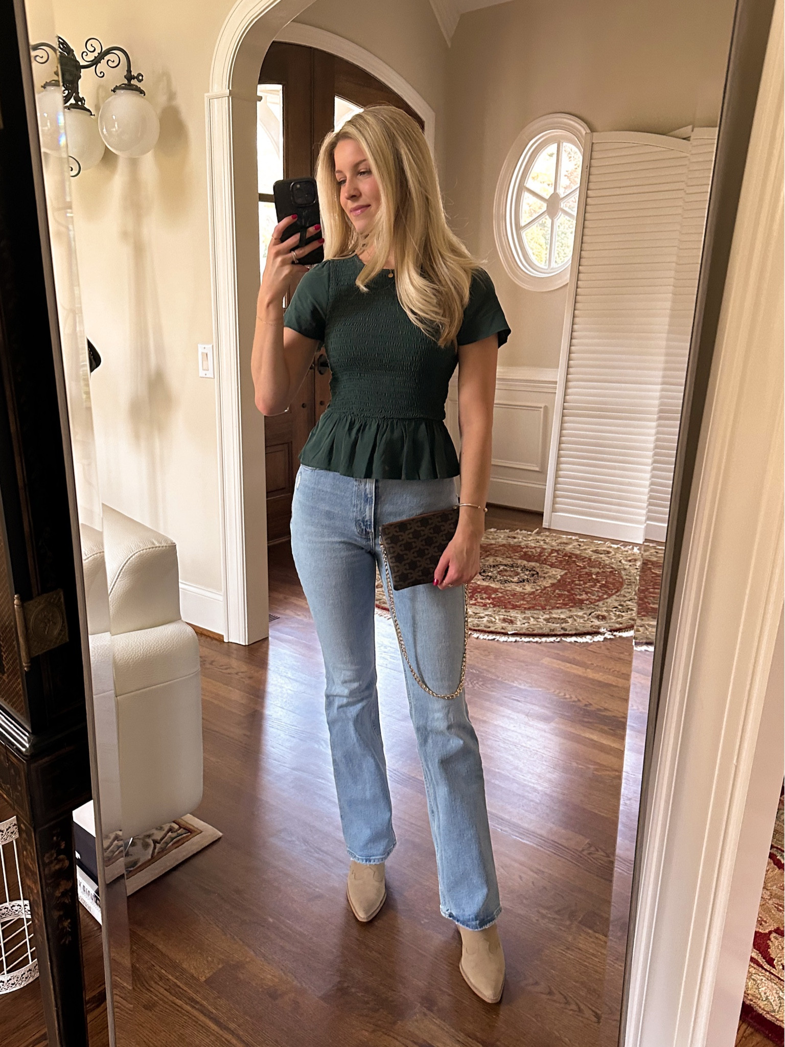 Casual outfit. Wore it to an early Thanksgiving with family. Wearing an xs in the smocked top! 

Flare jean, straight jean, western boot 

#LTKsalealert #LTKunder50 #LTKshoecrush