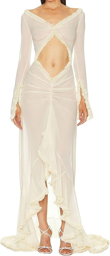 HGps8w Women's Ruffle High Low Mop Dresses Long Sleeve Cut Out Front Flowy Swing Maxi Dress Forma... | Amazon (US)