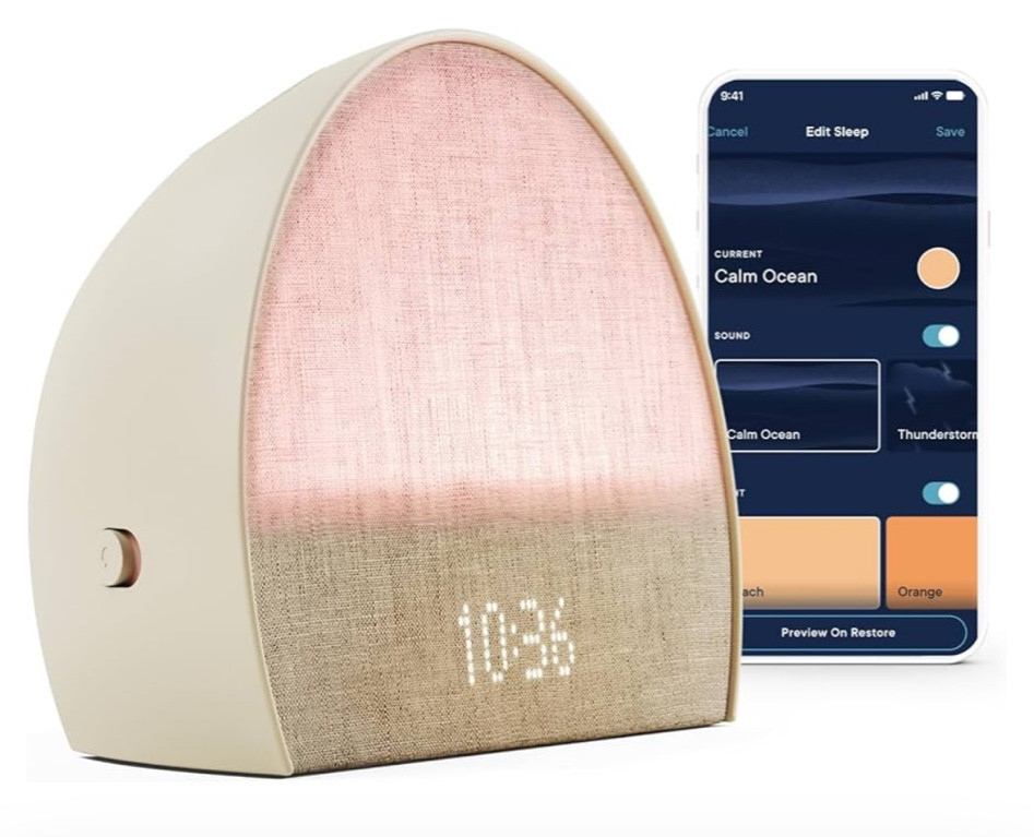 Hatch, adult, alarm clock with sound machine and smart light, Bluetooth connected.